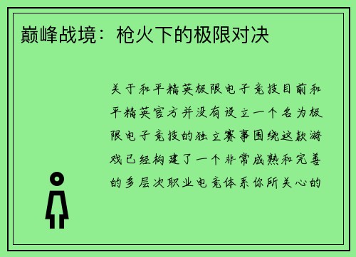 巅峰战境：枪火下的极限对决